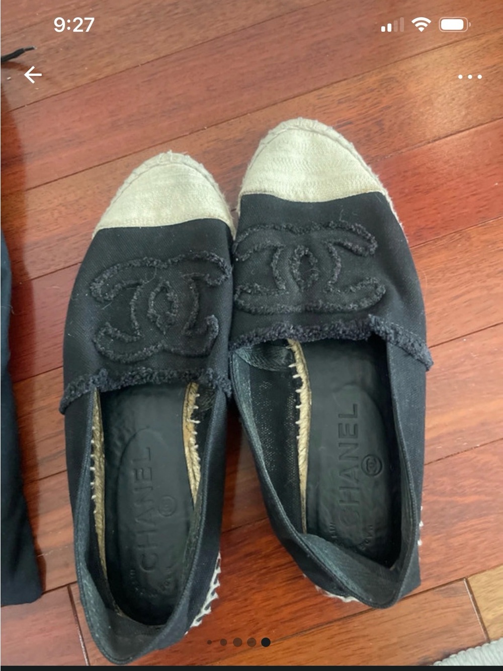 CHANEL Black and Cream Canvas Espadrilles with Braided CC